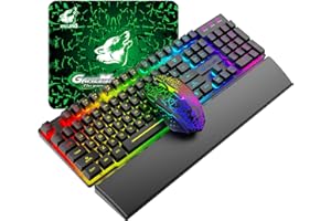 URCHOICELTD T3 Wireless-Tastatur-Maus Handgelenkstütze Combo Rainbow Hintergrundbeleuchtung + 2400 DPI 6 Tasten LED Gaming Mouse + Memory Foam Handgelenkstütze + Mauspad (schwarz)