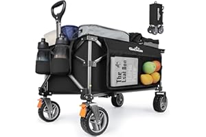GXCROR Folding Trolley Cart - 140L Heavy Duty Collapsible Wagon with Removable 14.5cm diameter & 6cm Wide Wheels for Camping, Beach, Gardening, 130kg Capacity