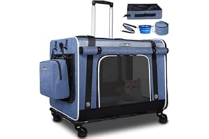 Petskd Extra Large Cat Carrier with Wheels and Litter Box, 24"x17"x17" Rolling Soft Carrier until 55LBS Pets with 5 Breathable Mesh Windows and Locking Zippers for Long Distance Car Travel(Blue)