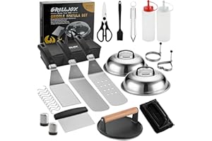 grilljoy Set de Accessoires Plancha, Kit Barbecue pour Homme - Set Spatule Plancha Extra Épaisse avec Smash Burger Press - 28PCS Kit Ustensiles Plancha pour Barbecue Extérieur, Teppanyaki, Camping
