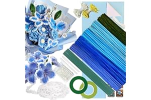 HANCHENG 5 Color Blue Pipe Cleaner Flower Kit,300 Pcs Pipe Cleaners for Craft,with 1 Roll Fluffy Yarn,50 Pearls,100 Flower Stamens,15 Floral Wire,2 Floral Tape,2 Wrapping Paper,Ribbon and Instruction