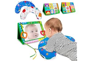 beetoy Tummy Time Mirror Toys, Brain Development Baby Toys Tummy Time Toy Gift, Tummy Time Pillow with Teethers High Contrast Sensory Toy for Baby Montessori Baby Mirror for Infant Newborn Toddler