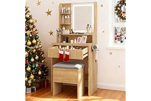 YOURLITE Dressing Table with LED Lights, 3 Light Colors, Adjustable Brightness, Vanity Desk with Mirror and Drawers, Makeup Desk with Cushioned Storage Stool Charging Station for Bedroom