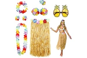 PHOGARY 8 Teilig Hawaii Mottoparty Kostüme Set, Hula Rock, Blumenkette, Blume-Armbänder, Blumen-BH, Haarblume, Ananas-Sonnenbrille für Tikiparty Beachparty Deko