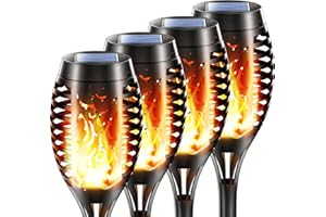 FLOWood Solarlampen für Außen, 4 Stück 12 LED Solarleuchten Flackernde Flamme, IP65 Wasserdicht Gartenfackeln, Automatische Ein/Aus, Solarfackeln für Außen, Gärten, Rasen, Terrasse