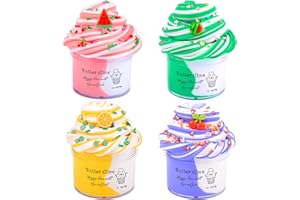 KelvSbem 4 Pack Butter Slime Kit, Dual Color Non-Sticky Scented Stretched Sludge with Cute Fruit Charms, Premium Christmas Birthday Gifts Slime Toys for Kids Girls Boys
