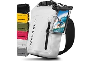 Nordlight Bolsa Estanca Impermeable + Funda para Móvil, Cierre Enrollable, Correa para Hombro | Drybag Mochila Impermeable Saco Estanco Bolsa de Transporte Náutica | Playa Sup - Blanco, 10 litros