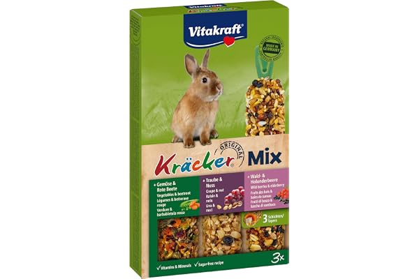 VITAKRAFT-Kräcker-Friandise pour Lapin Nain-Alimentation Complémentaire -Assortiment de Délicieux Kräckers Légumes Betterave, Raison Noix et Fruits des Bois Baies de Sureau-Boîte de 3 Baguettes-160g