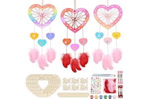 MONCAP 6 Pièces Attrape Reve a Fabriquer pour Enfant Kit Bricolage Attrape Reve Arc-en-Ciel Pendentif Attrape Reve Cœur Cadeau Attrape Rêve Bois pour Maman Papa Grands-parents Décoration Maison Mur