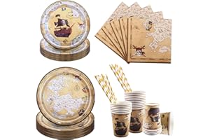 Aitsite 100 Stück Piratenschiff Partygeschirr Set, Pirat Partyteller Geburtstag für 20 Gäste, Schatzkarte Geburtstag Geschirr, Piratenschiff Party Deko Set, Kindergeburtstag Teller Becher Servietten