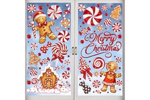 XIMISHOP 6 Sheets Christmas Window Stickers, Red Reusable Double-Sided Christmas Candy Cane Gingerbread Man Candy House Static Window Clings for Xmas Home Office School Window Decoration