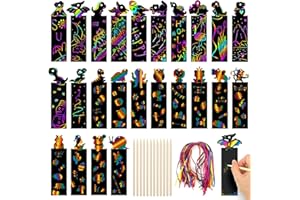 Marque-Pages à Gratter, YIDOMDE 24 Pièces Marque-Pages Arc-en-Ciel Badges à Gratter Animaux pour Enfants avec 12Épingles en Bois et 24Rubans pour Enfants Fêtes Étiquette Cadeau Bricolage