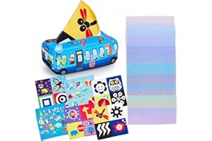 Eucomir Baby Tissue Box Toy,Sensory Toys for Babies 6-12 Months,Tissue Box Toy Soft and Reusable,10 Colorful Spinning Silk Scarves,6 Square Scarves,Preschool Learning Toys for Baby,Blue Bus