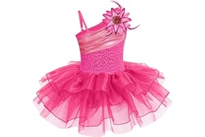 IWEMEK Bambina Ragazza Vestito Ballerina Body Danza Classica Paillettes Una Spalla Spalline per Spaghetti tutù Tulle Un Pezzo + Fiore Piume Spilla Costume Ginnastica Pattinaggio Balletto 3-10 Anni
