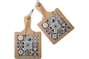 ChicHouse Set 2pcs mini taglieri da cucina in legno con manico ideali per piccoli antipasti, formaggi, salumi o come salva superfici e sottopentola. (2, Rosso, Quadrato 19.6 x 12.3 x 1 cm)