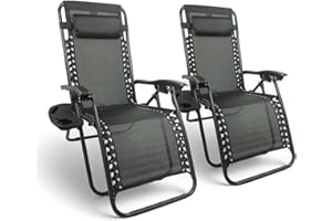 Pincho Tumbona Jardin Exterior Plegable de Gravedad Cero - Pack 2 Sillas Reclinables o Hamacas para Playa, Terraza y Camping con Portavasos, Ligeras y Cómodas (Negro)