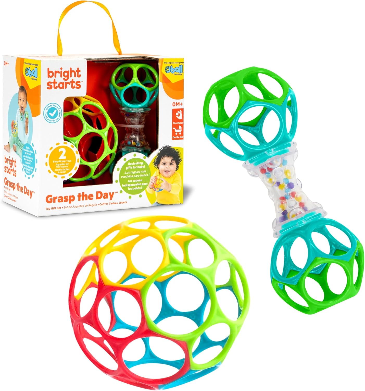 Bright Starts Easy-Grasp Oball Bundle Lot de 2 balles et hochets sans BPA Unisexe Motif herbe du jour