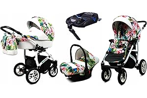 BabyLux® Bambini Passeggino Completo Set 4 in 1 - Tropical - incl. Navicella, Canna, Seggiolino Auto, ISOFIX Base - Carrozzina Neonati Sistema Combinato - con Borsa fasciatoio ecc.