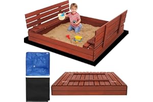 Bac à sable avec couvercle de 140 cm - Bac à sable en bois avec banc et couvercle - Résistant aux intempéries et imprégné - Pour enfants - En bois certifié FSC SPRINGOS