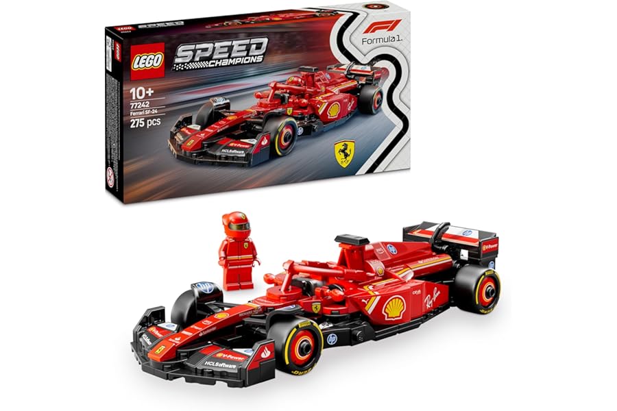 LEGO Speed Champions Ferrari F1 SF-24 Racing Car Collectible Toy with Formula 1 Driver Minifigures - Model for Children from 10 Years or for Adults Car Sports Fans 77242