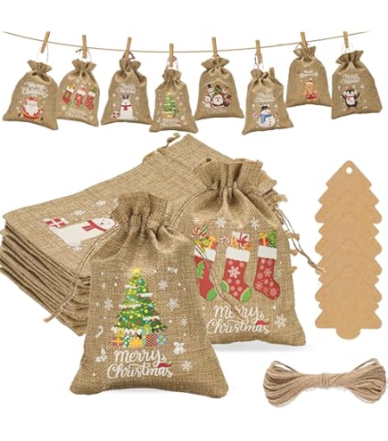 Calendrier De L'Avent DIY à Remplir - 24 Sacs En Lin + étiquettes Numérotées - Décoration Noël Personnalisable