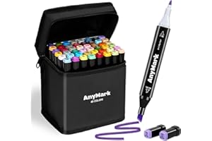 AnyMark Zestaw 48 Kolorowych Markerów Alkoholowych, Podwójna Końcówka Ścięta i Cienka, Markery Alkoholowe dla Dzieci i Dorosłych, Do Kolorowania i Rysowania, Czarna Obudowa