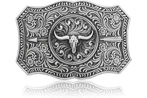 Yjfeshion Oval Long Horn Bull Skull Belt Buckle Native American Vintage Turquoise Wooden Beads Western Cowboy Buckles for Men Gift