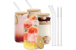Mamiddle Vasos de Cristal con Tapa y Pajita 500ml/16oz - Vasos Longdrink para Matcha, Cocktails, Té, Zumos, Cerveza - Incluye Pajitas Reutilizables y Cepillo (4 piezas)