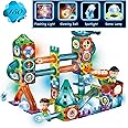 Glowing Magnetic Tiles Marble Run Race Track Super Set - 150 Complete Pieces Glow in The Dark STEM Light Magnetic Building Blocks Gravity Marble Maze Games for Toddlers Kids Boys Girls Ages 3+ Years