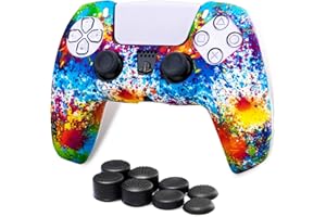 Playrealm Sanft Drucken Silikon Skin Hülle x 1 & Aufsätze Kappen x 8 für PS5 Dualsenese Controller (Bunte Punkte)