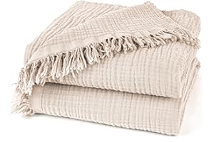 ‎PURE LABEL Pure Label Musselin Decke 220x240cm - Oeko-Tex zertifizierte Tagesdecke aus 100% Baumwolle | Musselin Wohn- & Kuscheldecke für Couch und Sofa in XXL | 220 x 240 cm, Farbe der Decke Beige