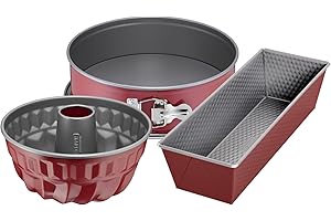 ORIGINAL KAISER Classic Plus - Set di 3 teglie da forno con stampo apribile (fondo piatto), teglia per Gugelhupf, forma a scatola, antiaderente, rosso, 31,5 x 27 x 13,2 cm
