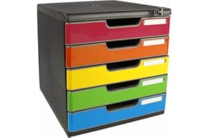 Exacompta - Réf. 331798D - MODULO A4 - Caisson 5 tiroirs avec fermeture à clé pour documents A4+ - Dimensions extérieures : Profondeur 35 x largeur 28,8 x Hauteur 32 cm - Noir/arlequin glossy