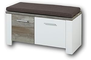 Stella Trading Mateo Zapatero con Asiento en Color Blanco con Aspecto de Madera Driftwood, cómodo Banco con Espacio de Almacenamiento para tu Pasillo, 90 x 50 x 39 cm
