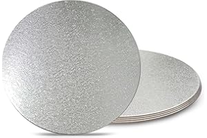 AMOUR PACKAGING Amour 8 inch Cake Board – Pack of 5 Thick Sturdy & Lightweight 4mm Thick Cake Board - Silver Foil with Small Flower Pattern - Wrapped Edge Round Cake Board for Wedding & Birthday