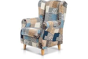 SUEÑOS ZZZ - Sillón Irene, sillón orejero de Lactancia tapizado en Tela Patchwork Azul, sillón butaca para Dormitorio, salón o habitación de bebé