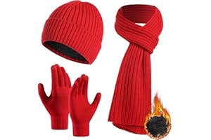Geebuzz 3 Pcs Winter Hat Scarf Gloves for Men Women Warm Fleece Knit Beanie Hat Touchscreen Gloves Neck Scarf Gifts for Men