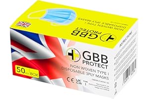 GBBSAFETY UK Made, Disposable 3 PLY Face Masks, Manufactured in the UK, Non Woven Blue Polypropylene Face Covering (50)