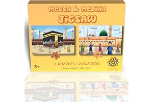 Mecca and Medina Jigsaw Puzzle Children's Gift Set of 2 Puzzles + 2 Posters, Haramain Kaaba and Masjid Nabawi, Islamic Muslim Ramadhan Eid Toy Gift for Kids Boys and Girls by ZeePeek