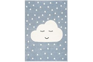 Livone Kinderzimmer Baby Kinderteppich Wolke Sterne in blau Weiss 100 x 150 cm