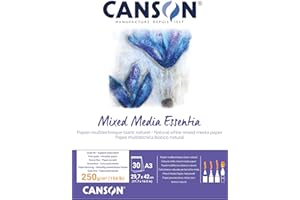 Canson Mix Media Essentia, Blocco carta collato corto per tecniche umide, A3, 30 Fogli, 250 gm, grana fine