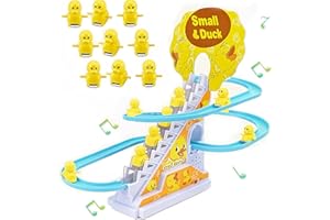 JUXINE Duck Climbing Toys with LED Flashing Lights & Music - Electric Roller Coaster & Slide Race Track Set for Kids (9 Climbing Stairs)
