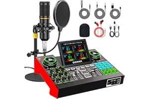 TENLAMP Podcast Microphone Bundle with Live Sound Card Audio Mixer, Podcast Equipment Bundle with 3.5mm Condenser Microphone for Pc/Phone Live Streaming Singing Gaming, Sound Board with Voice Changer, Denoise