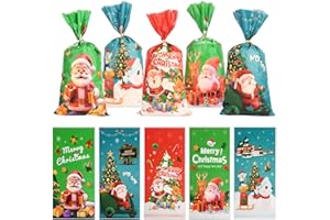 MCISKIN 50 szt. świątecznych małych torebek na słodycze, wesołe świąteczne torebki na słodycze, puste torebki na cukierki dla dziewcząt i chłopców na przyjęcie urodzinowe, małe przezroczyste torebki na