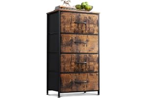 Coleshome Wąska komoda z szufladami, z 4 szufladami, mała komoda z szufladą z materiału, stabilna rama stalowa, płyta drewniana, nadaje się do sypialni i salonu, retro