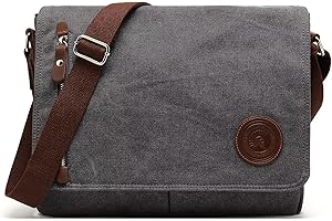 SUNBORLS Classic Messenger Bags for Men Vintage Canvas Genuine Leather Ornamental Shoulder Bag Daily Commuting, Travelling, College Bag Flip Lid Design + Large Opening for Easy Access to Items at All Times