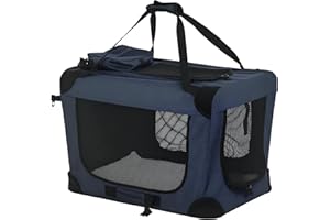 PawHut Foldable Pet Carrier for Small and Miniature Dogs, Portable Cat Carrier Soft Side Pet Travel Crate with Removable Mat, Storage Bags, Breathable Mesh 60 x 41.5 x 41cm - Dark Blue
