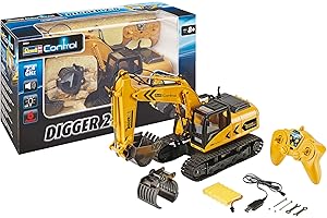 Revell Control 24924 RC koparka gąsienicowa Digger 2.0, napęd łańcuchowy, wymienna szufla i chwytak do drzew, nadaje się do użytku na zewnątrz, zdalnie sterowana koparka z akumulatorem, 2,4 GHz, żółta