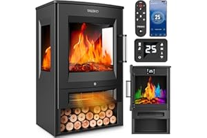 TRESKO® Cheminée électrique 1800W, Maison Intelligente WiFi App & télécommande | Poêle électrique Effet Flamme LED & écran LCD | Foyer électrique + Thermostat | Chauffage soufflant minuterie (Noir)