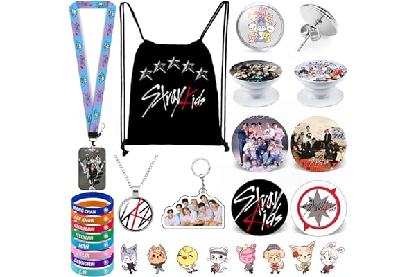 Stray Kids - Ensemble cadeau pour enfants, comprend un sac à dos avec cordon, un collier, des boucles d'oreilles, des bracelets, des badges boutons, un porte-carte et un porte-clés
